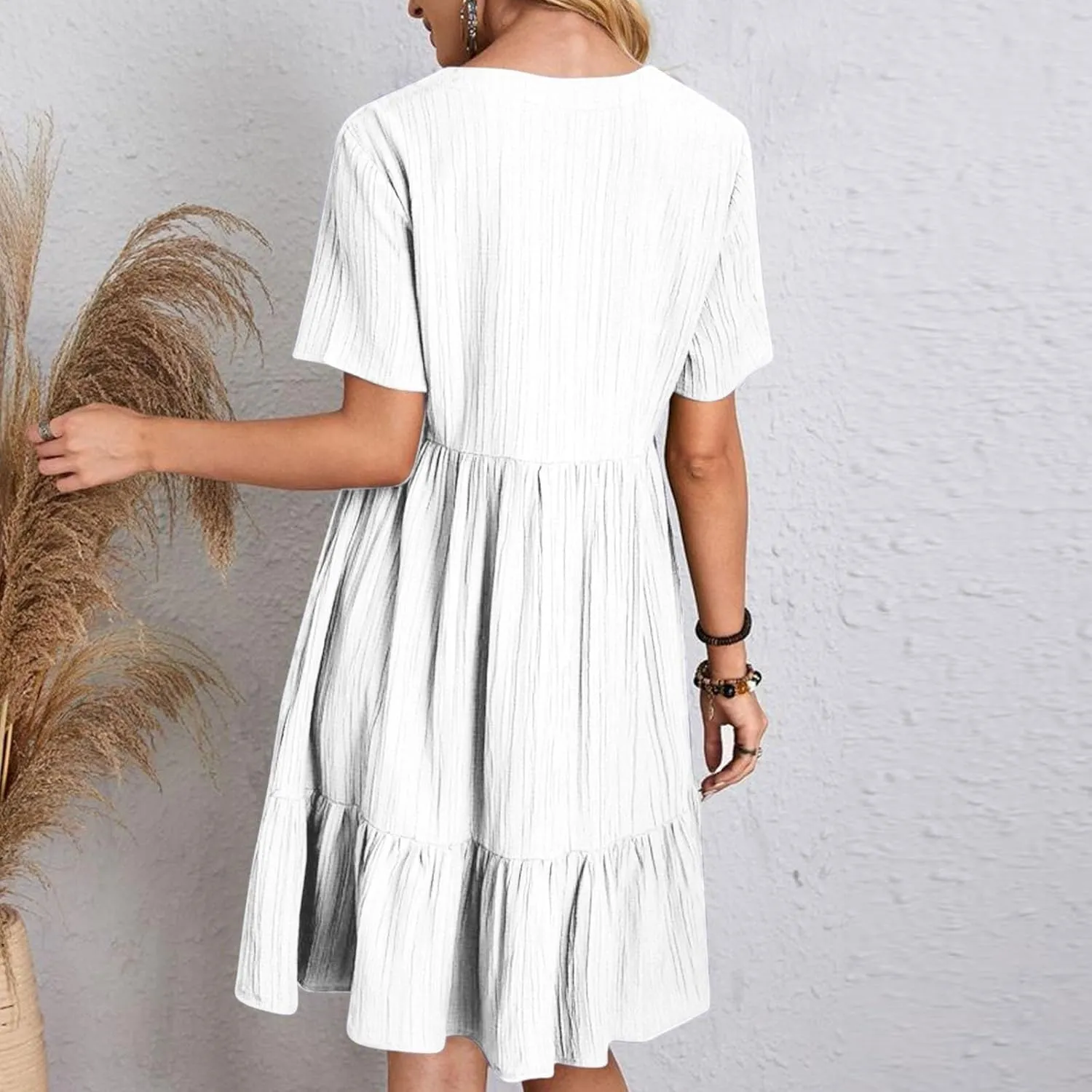 Flowy Dresses for Women 2025 Summer Short Sleeve Beach Dress Ruffle Tiered Layered A-Line Sundress Travel Boho Dress