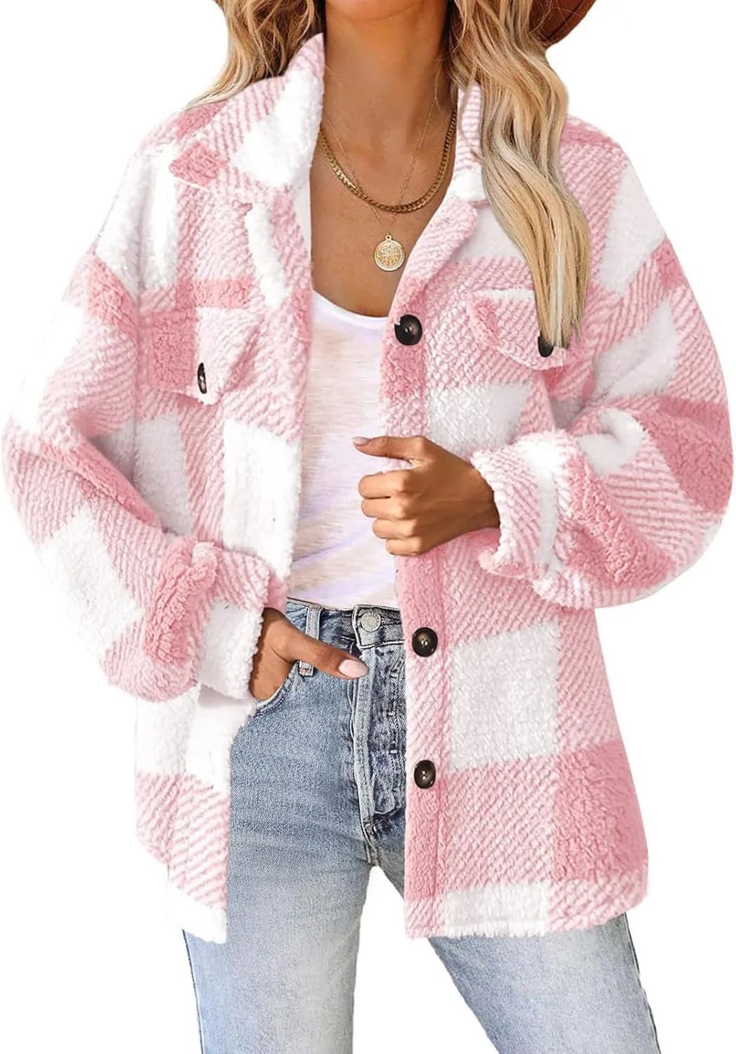 GOFULY Womens Winter Coats Casual Fuzzy Fleece Hoodies Button up Fall Sherpa Jackets Warm Plaid Cardigans Trendy Outerwear