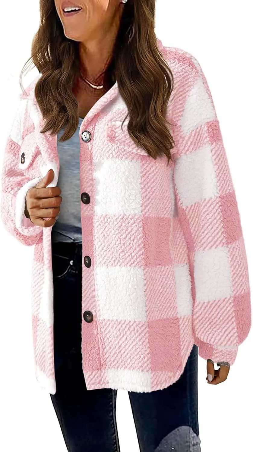 GOFULY Womens Winter Coats Casual Fuzzy Fleece Hoodies Button up Fall Sherpa Jackets Warm Plaid Cardigans Trendy Outerwear
