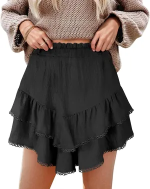 GOOBGS Flowy Shorts for Women High Waisted Lace Skort Trim Trendy Crochet Skirt Tennis Crochet Short