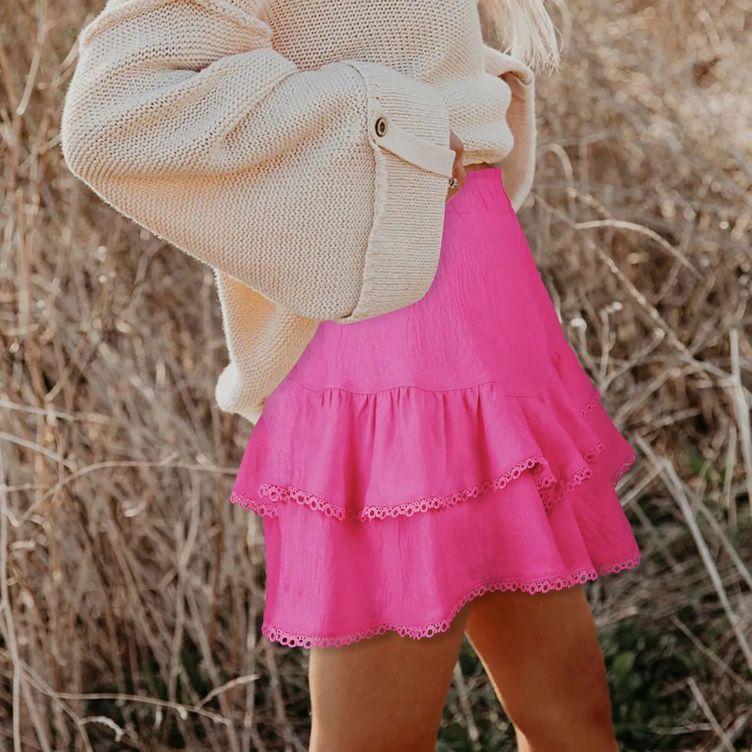 GOOBGS Flowy Shorts for Women High Waisted Lace Skort Trim Trendy Crochet Skirt Tennis Crochet Short