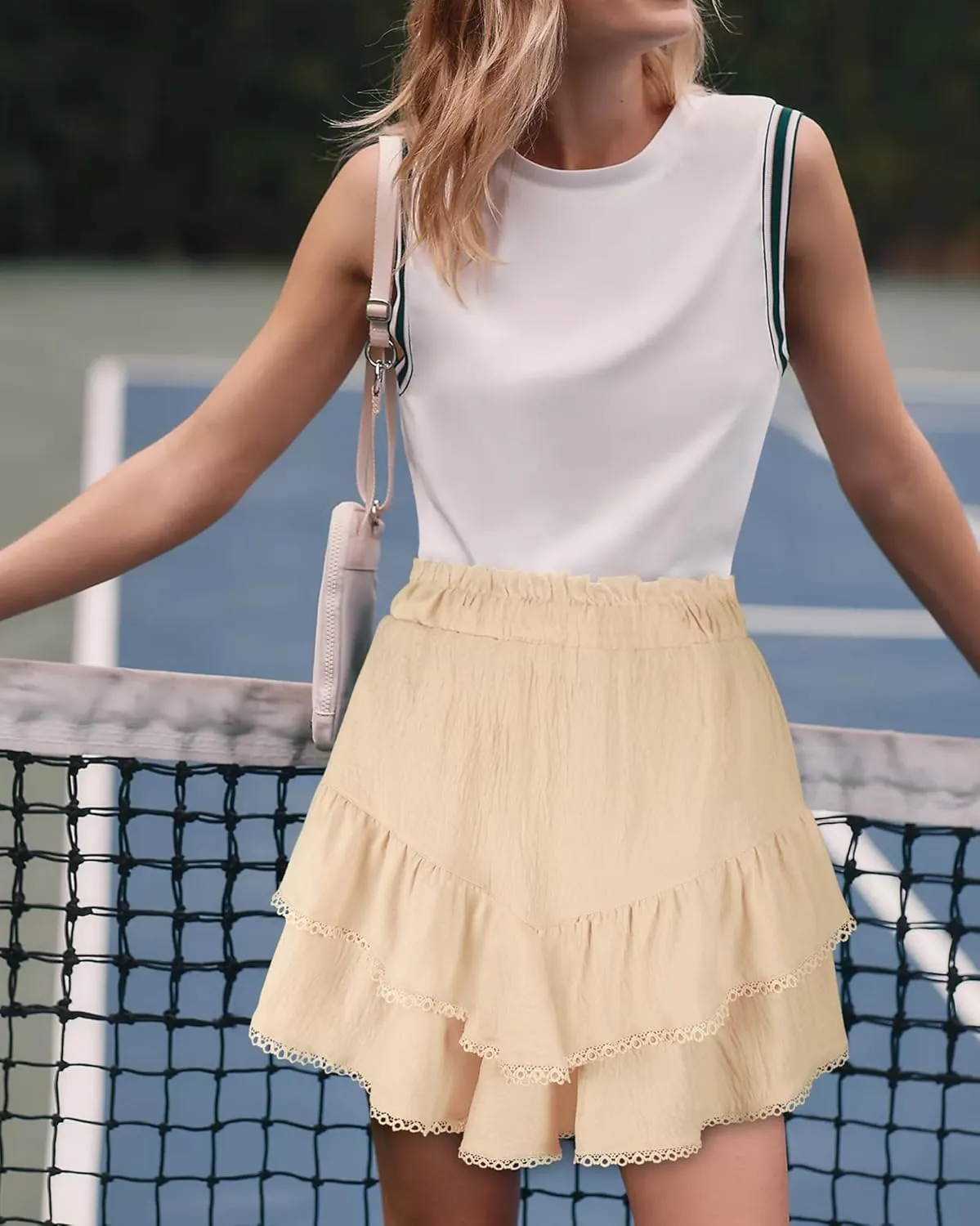 GOOBGS Flowy Shorts for Women High Waisted Lace Skort Trim Trendy Crochet Skirt Tennis Crochet Short