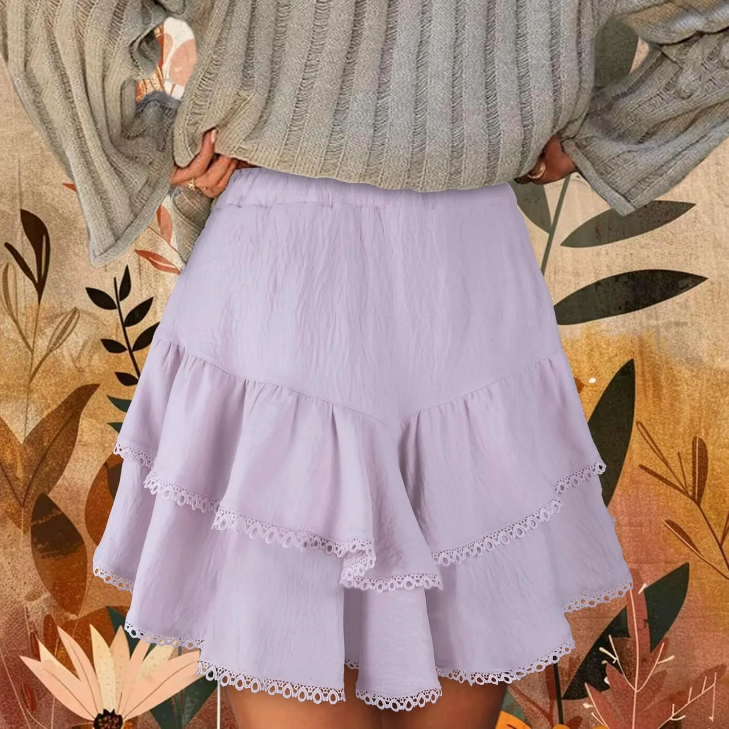 GOOBGS Flowy Shorts for Women High Waisted Lace Skort Trim Trendy Crochet Skirt Tennis Crochet Short