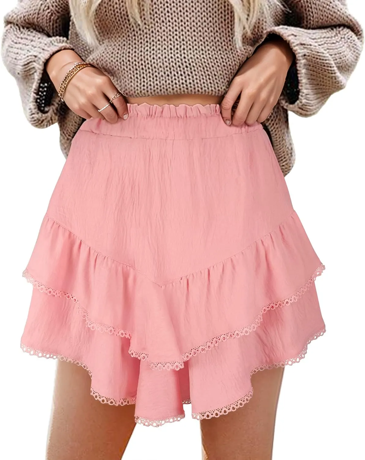 GOOBGS Flowy Shorts for Women High Waisted Lace Skort Trim Trendy Crochet Skirt Tennis Crochet Short