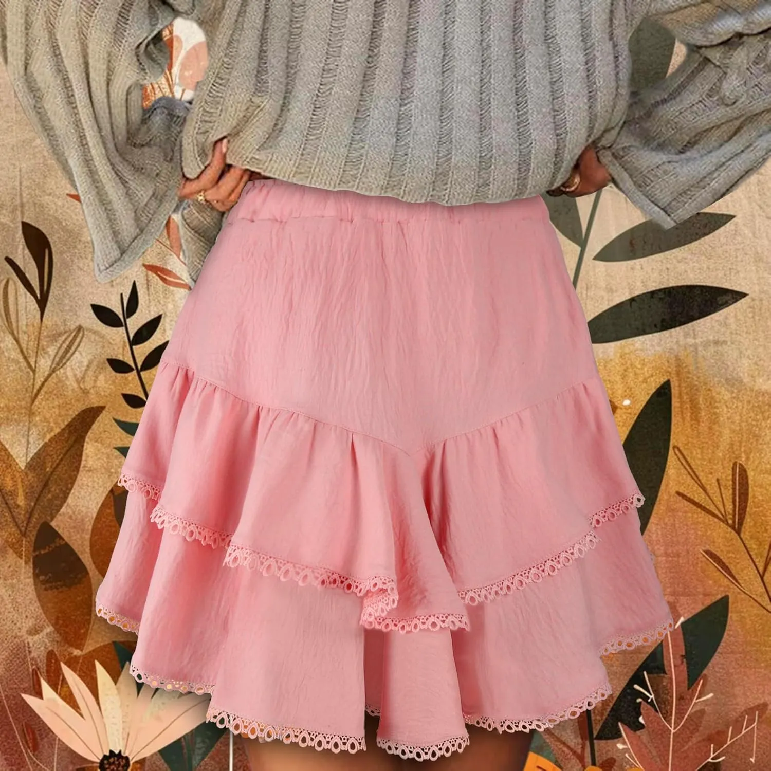 GOOBGS Flowy Shorts for Women High Waisted Lace Skort Trim Trendy Crochet Skirt Tennis Crochet Short