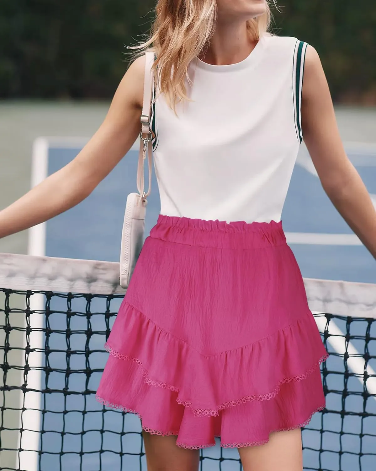 GOOBGS Flowy Shorts for Women High Waisted Lace Skort Trim Trendy Crochet Skirt Tennis Crochet Short