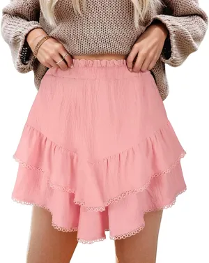 GOOBGS Flowy Shorts for Women High Waisted Lace Skort Trim Trendy Crochet Skirt Tennis Crochet Short