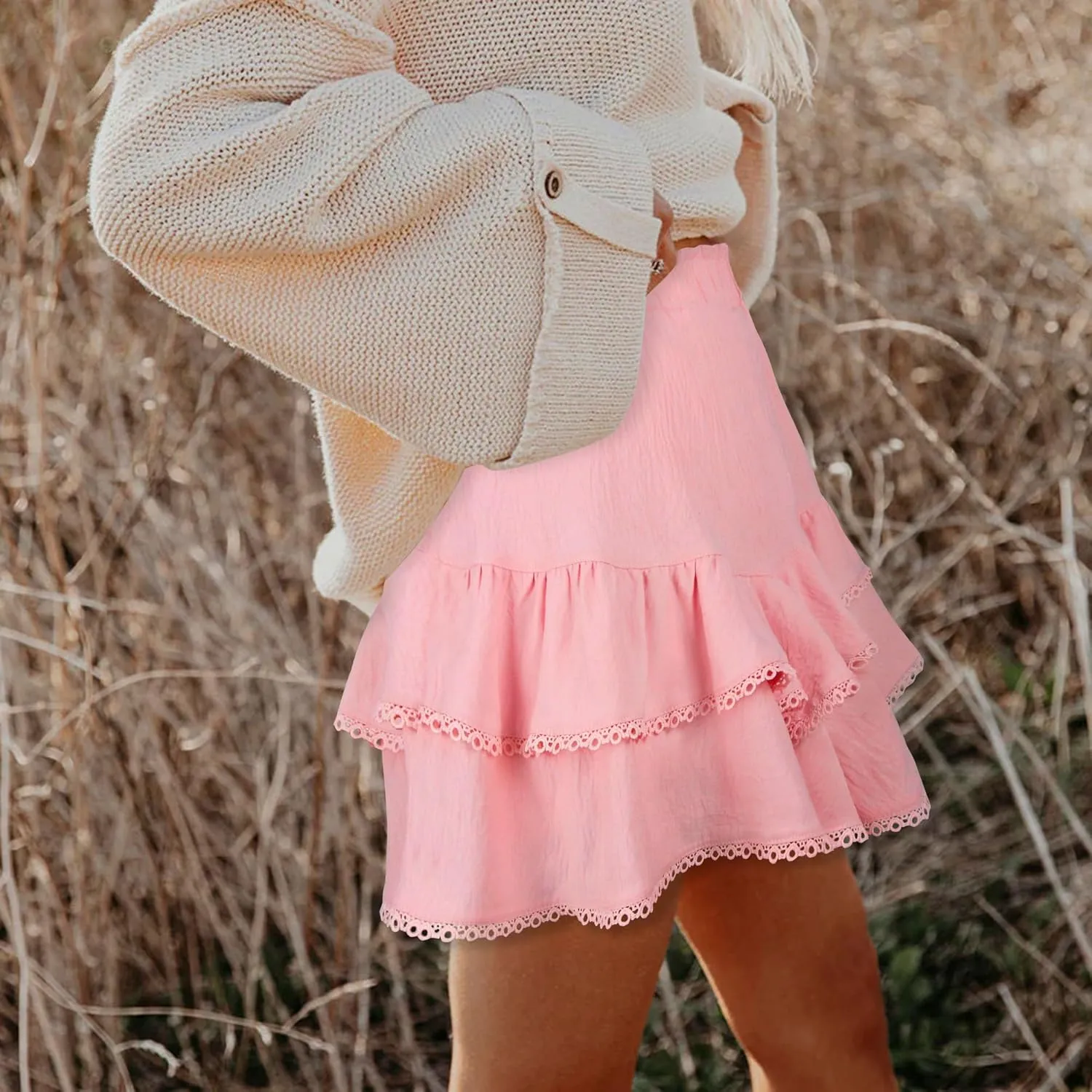 GOOBGS Flowy Shorts for Women High Waisted Lace Skort Trim Trendy Crochet Skirt Tennis Crochet Short