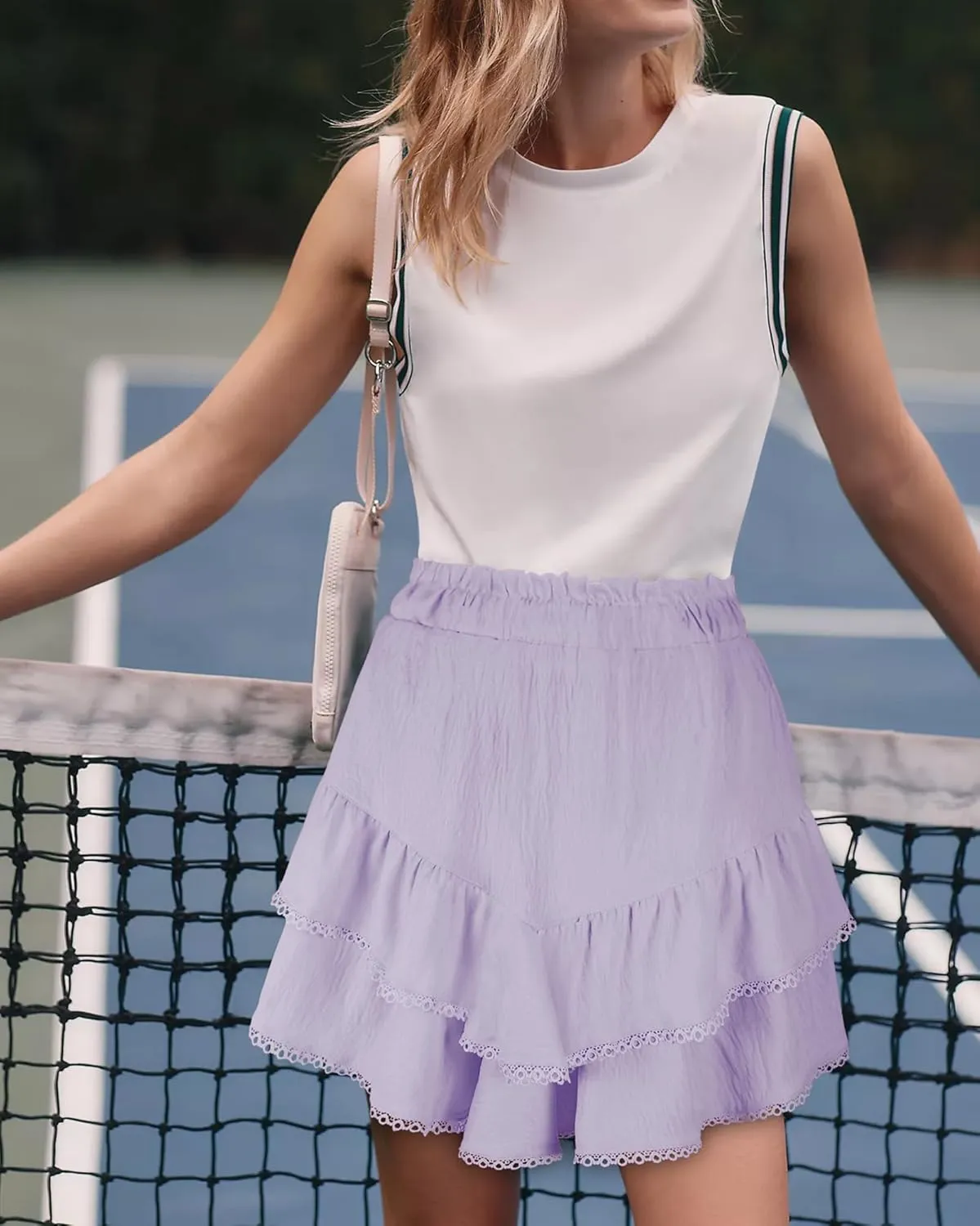 GOOBGS Flowy Shorts for Women High Waisted Lace Skort Trim Trendy Crochet Skirt Tennis Crochet Short