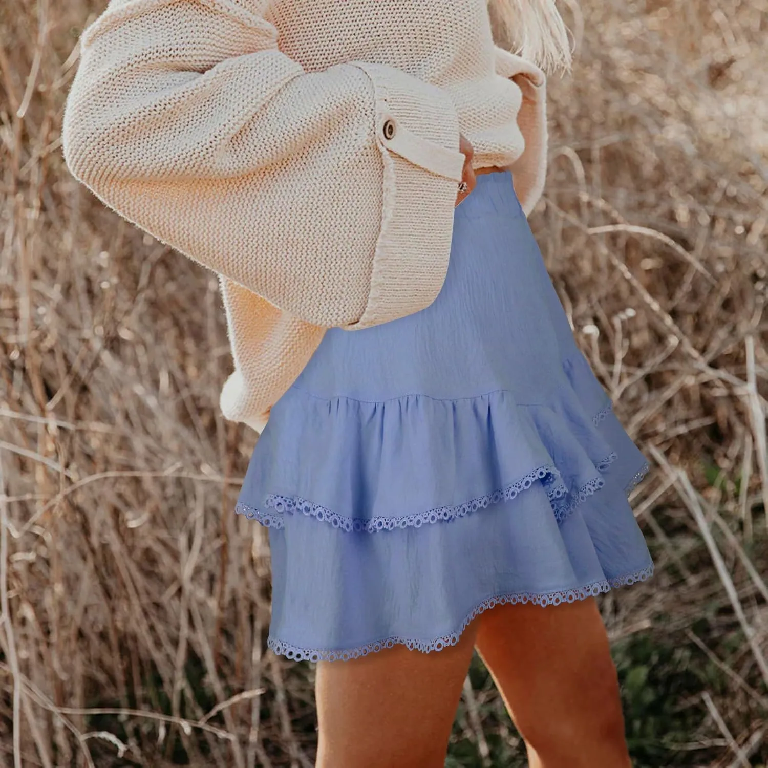GOOBGS Flowy Shorts for Women High Waisted Lace Skort Trim Trendy Crochet Skirt Tennis Crochet Short