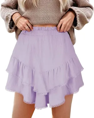 GOOBGS Flowy Shorts for Women High Waisted Lace Skort Trim Trendy Crochet Skirt Tennis Crochet Short