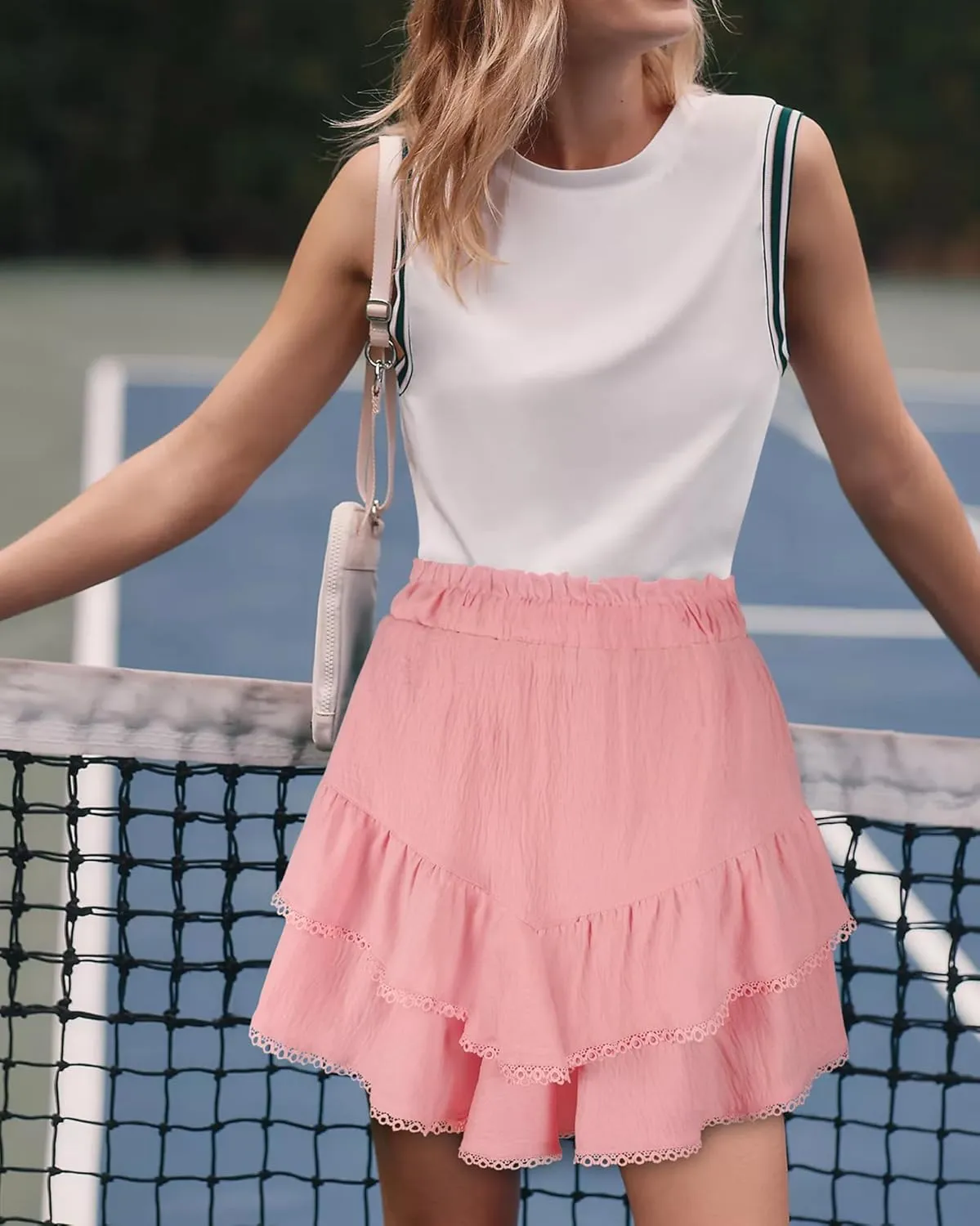 GOOBGS Flowy Shorts for Women High Waisted Lace Skort Trim Trendy Crochet Skirt Tennis Crochet Short