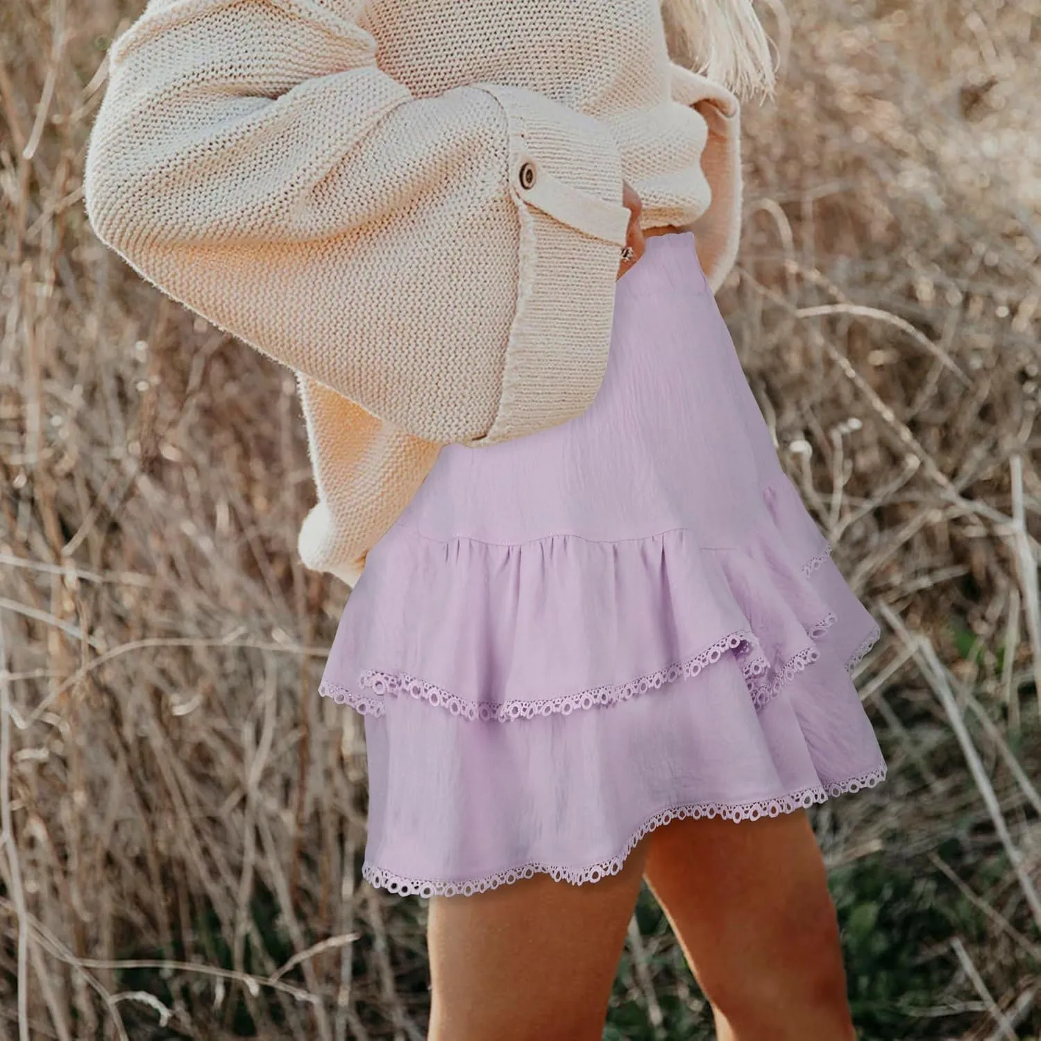 GOOBGS Flowy Shorts for Women High Waisted Lace Skort Trim Trendy Crochet Skirt Tennis Crochet Short
