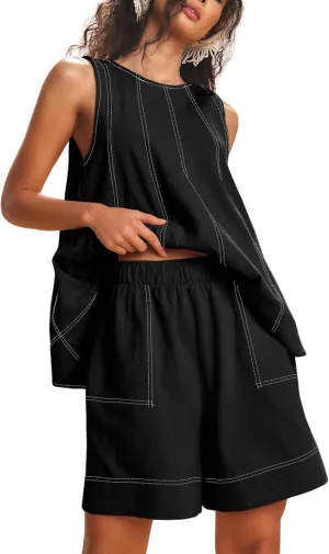 Gozoloma Womens 2 Piece Outfits Sleeveless Matching Sets A Line Tank Tops Contrast Stitching High Waist Shorts with Pockets
