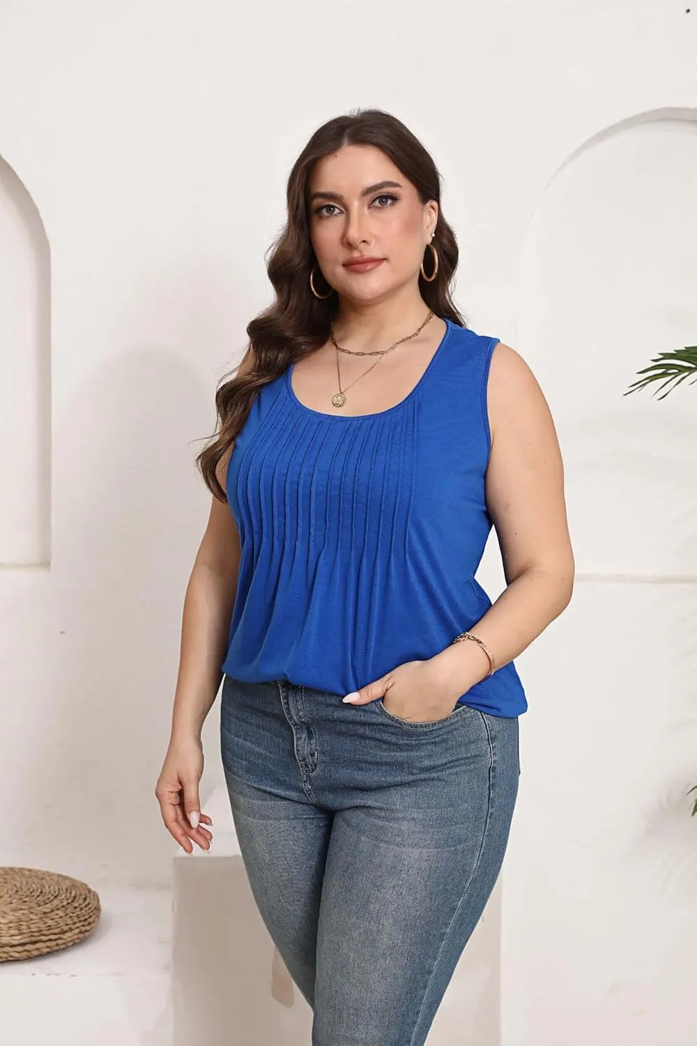HBEYYTO Women Plus Size Tank Tops Casual Sleeveless Crew Neck Pleated Front Flowy Loose Camisoles Cami Shirts Blouses 1X-5X