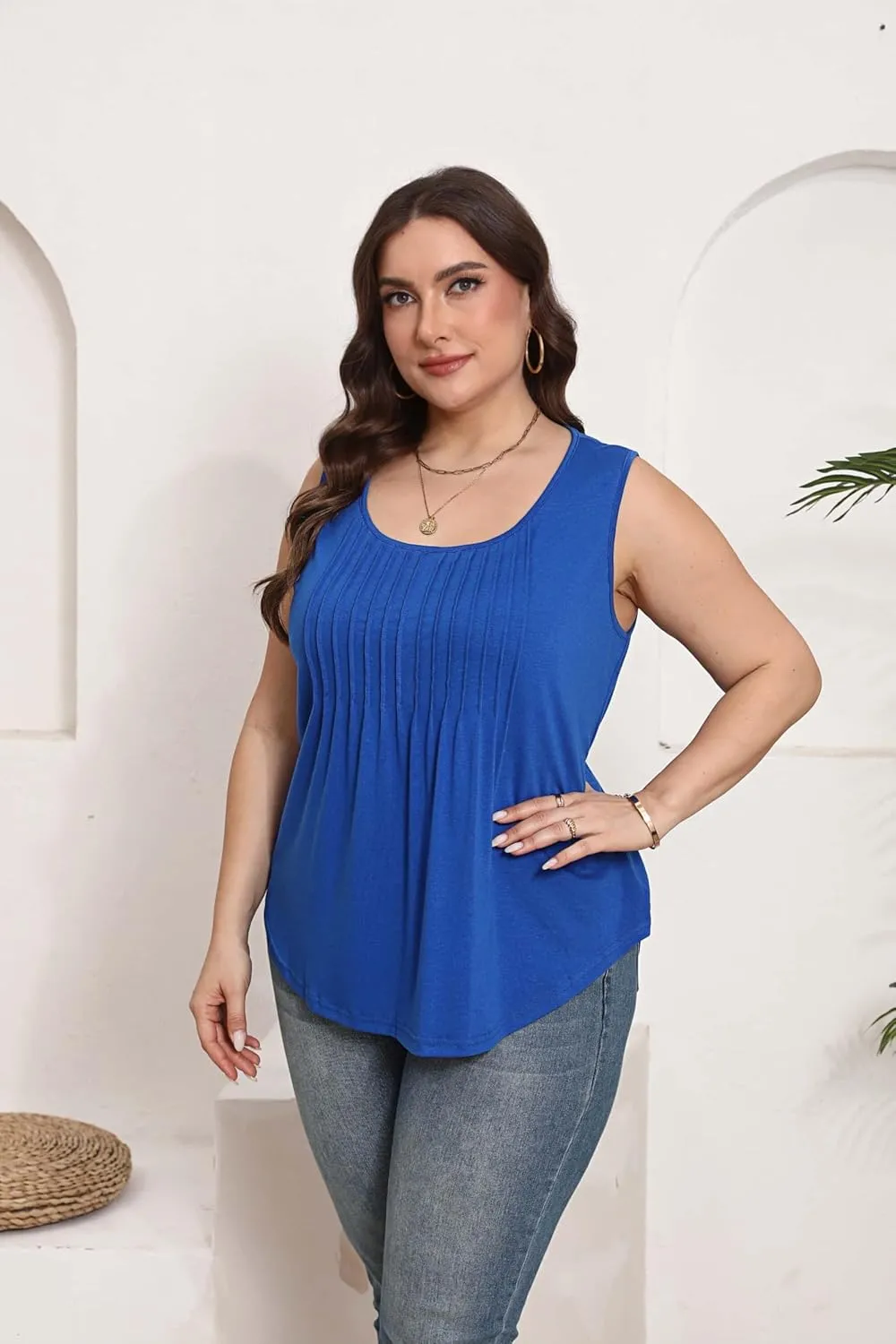 HBEYYTO Women Plus Size Tank Tops Casual Sleeveless Crew Neck Pleated Front Flowy Loose Camisoles Cami Shirts Blouses 1X-5X