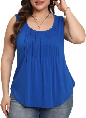 HBEYYTO Women Plus Size Tank Tops Casual Sleeveless Crew Neck Pleated Front Flowy Loose Camisoles Cami Shirts Blouses 1X-5X