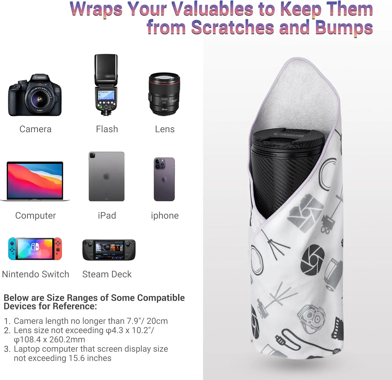 JJC 19.7In Washable Camera Wrap, Lens Protective Wrapper, Flexible DSLR Wrapping Cloth, Folding Self-Stick Storage Pouch for Sony Fuji Fujifilm Canon Nikon Olympus Panasonic Camera & Lens,Anti-Scratch