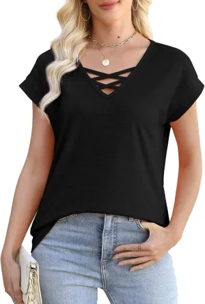 JomeDesign Womens Summer Tops Short Sleeve Shirts V Neck Tshirts Loose Casual Tunic Blouses Criss Cross Tees
