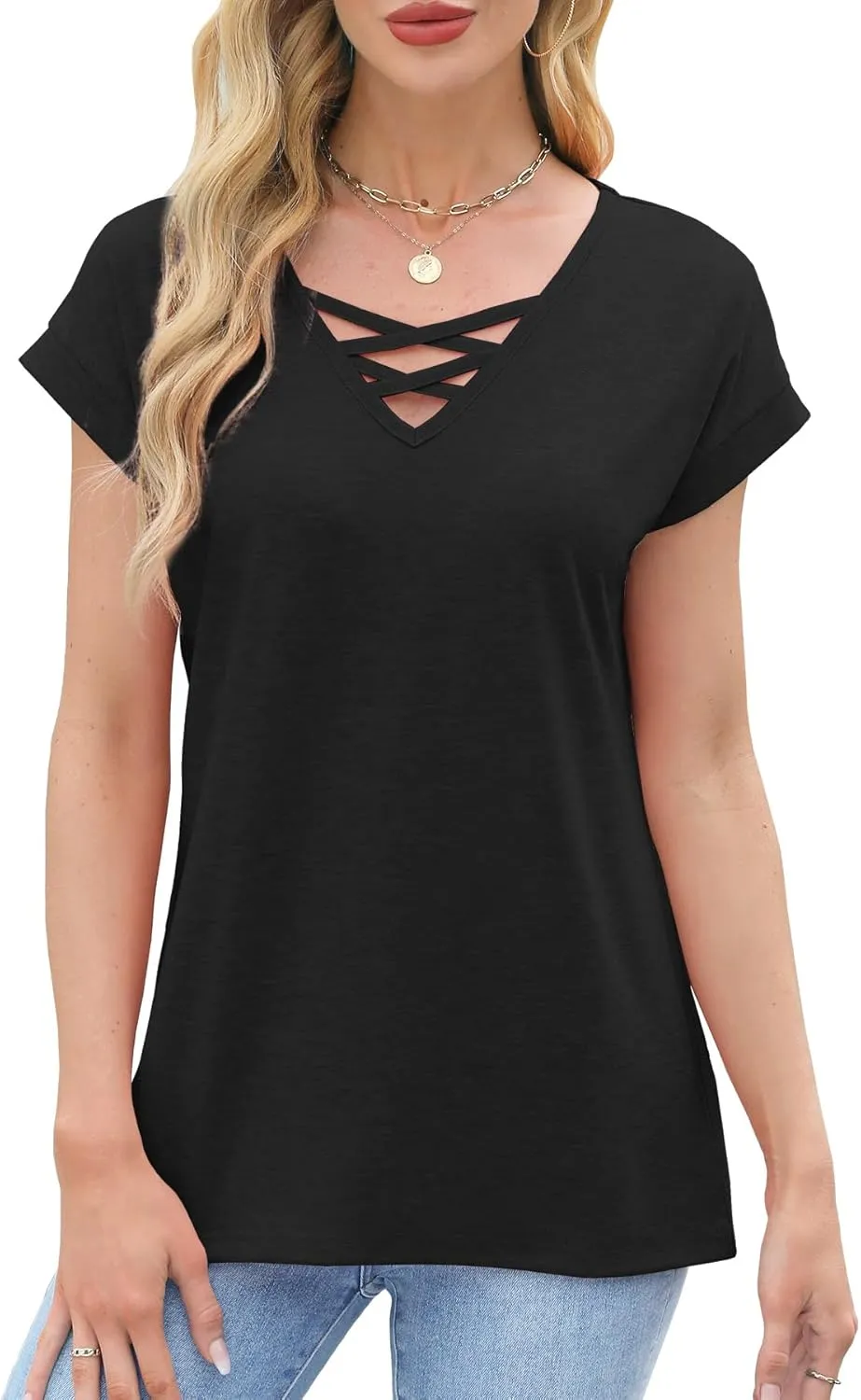 JomeDesign Womens Summer Tops Short Sleeve Shirts V Neck Tshirts Loose Casual Tunic Blouses Criss Cross Tees