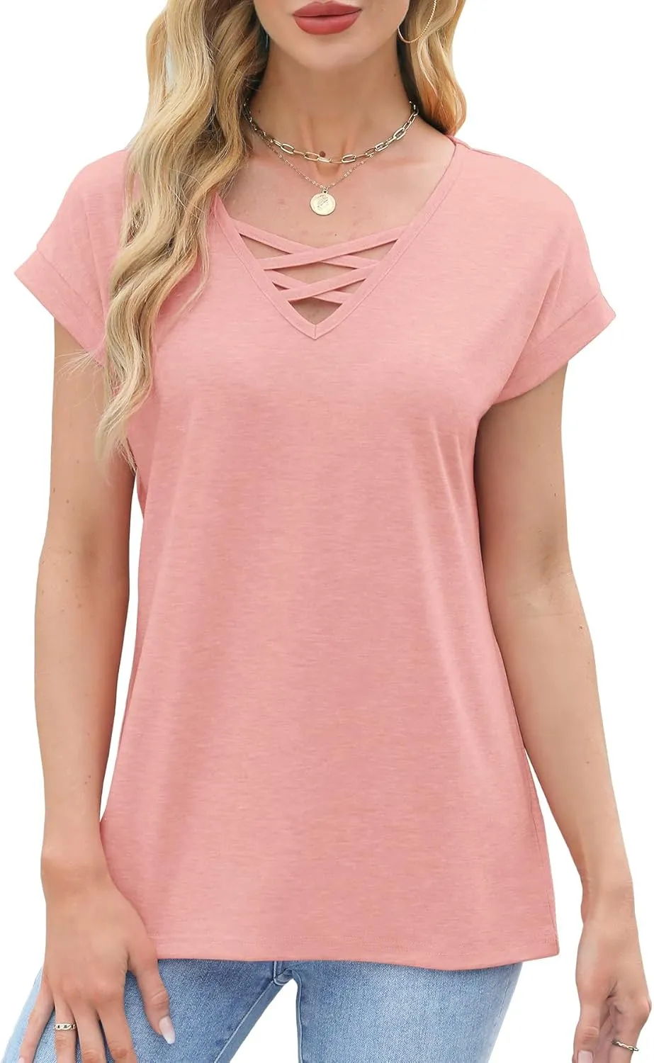 JomeDesign Womens Summer Tops Short Sleeve Shirts V Neck Tshirts Loose Casual Tunic Blouses Criss Cross Tees