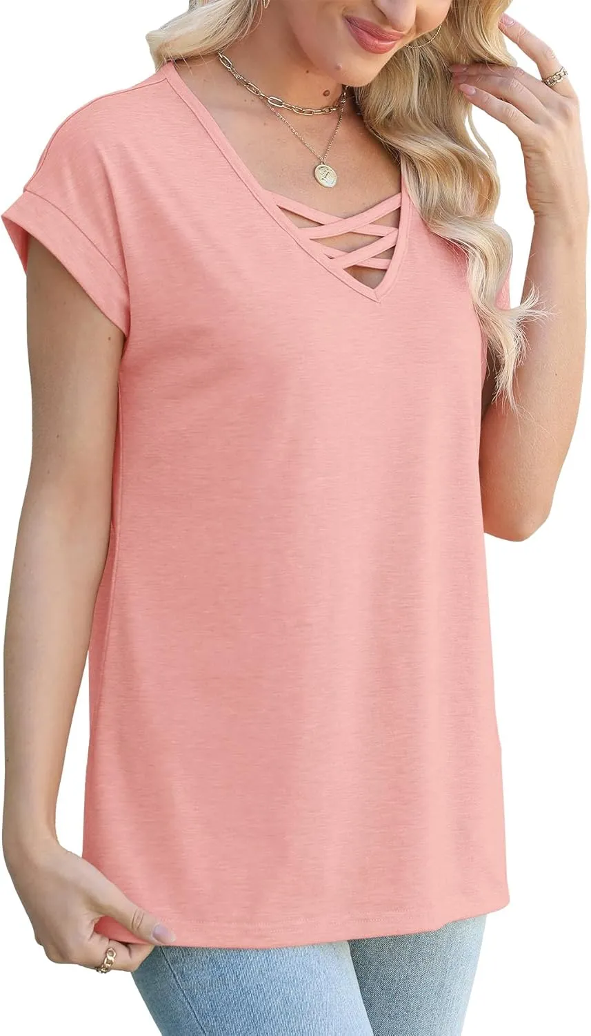 JomeDesign Womens Summer Tops Short Sleeve Shirts V Neck Tshirts Loose Casual Tunic Blouses Criss Cross Tees
