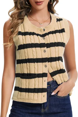 KEOMUD Spring Sweater Vest for Women Striped Sweaters Sleeveless Button Down Knit Tank Tops with Pockets 2025