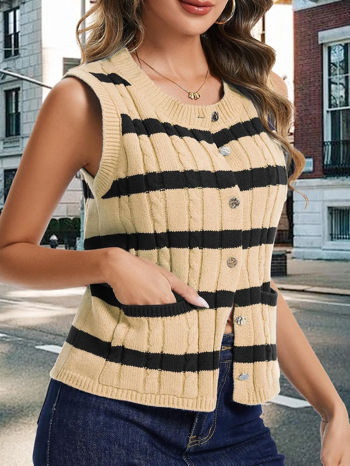 KEOMUD Spring Sweater Vest for Women Striped Sweaters Sleeveless Button Down Knit Tank Tops with Pockets 2025