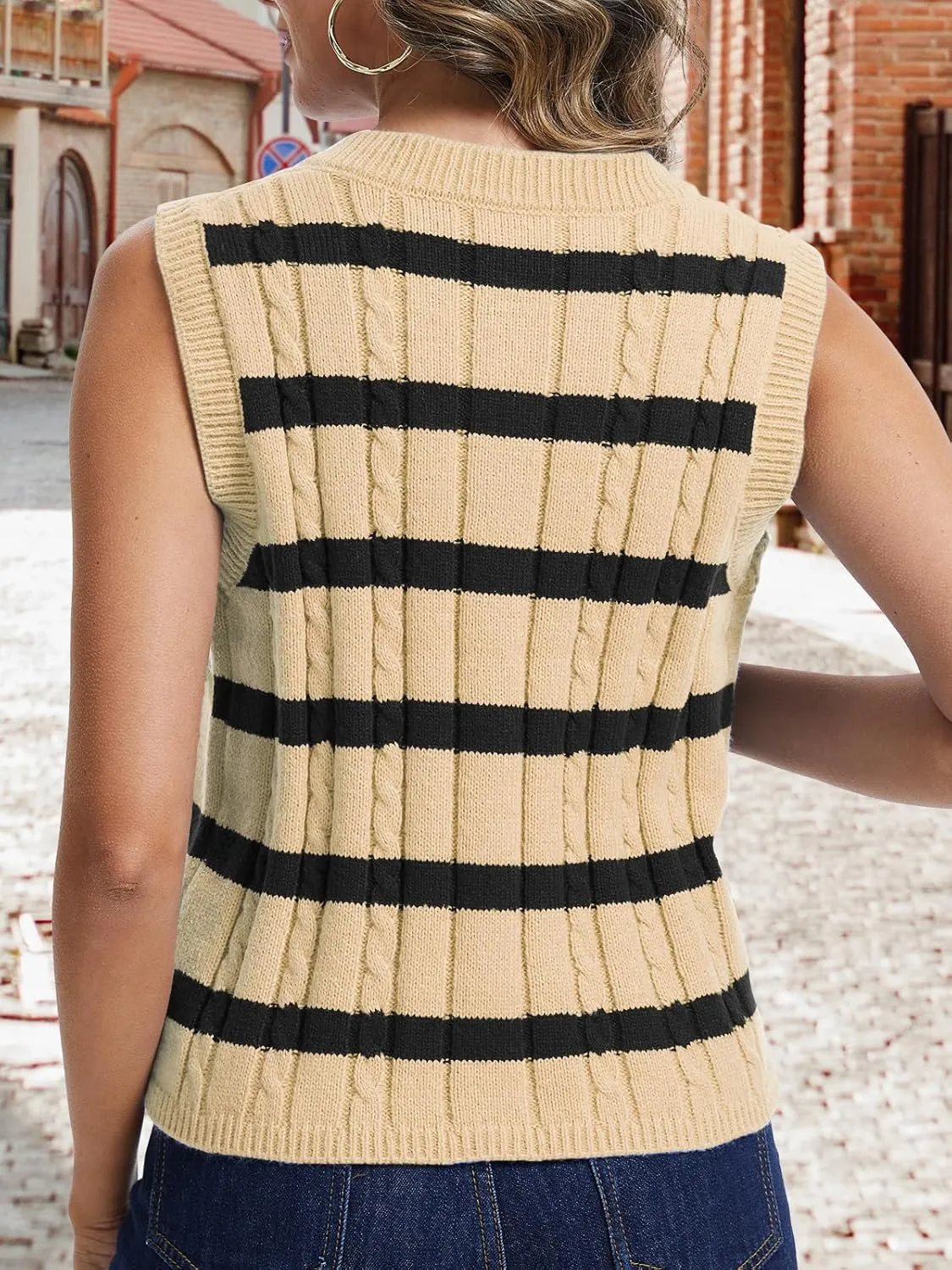 KEOMUD Spring Sweater Vest for Women Striped Sweaters Sleeveless Button Down Knit Tank Tops with Pockets 2025