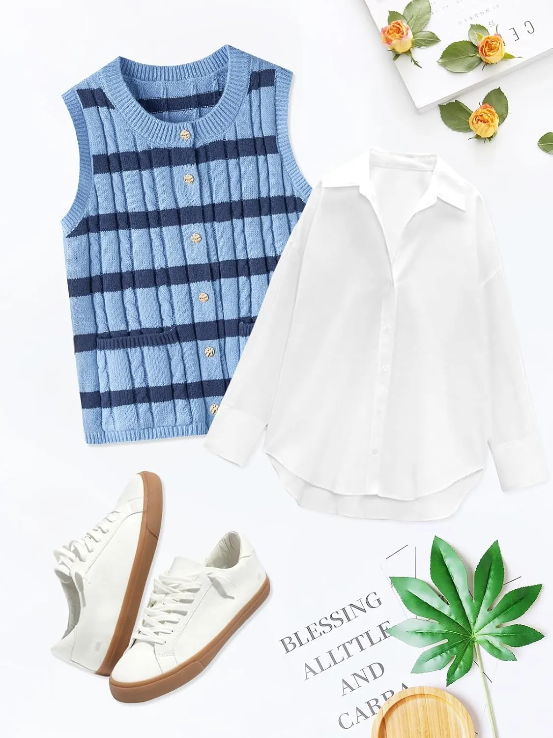 KEOMUD Spring Sweater Vest for Women Striped Sweaters Sleeveless Button Down Knit Tank Tops with Pockets 2025