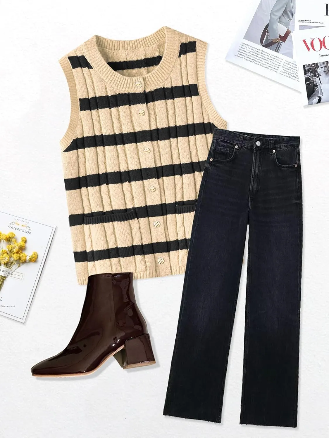 KEOMUD Spring Sweater Vest for Women Striped Sweaters Sleeveless Button Down Knit Tank Tops with Pockets 2025