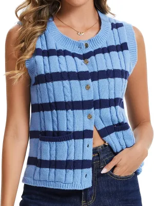 KEOMUD Spring Sweater Vest for Women Striped Sweaters Sleeveless Button Down Knit Tank Tops with Pockets 2025