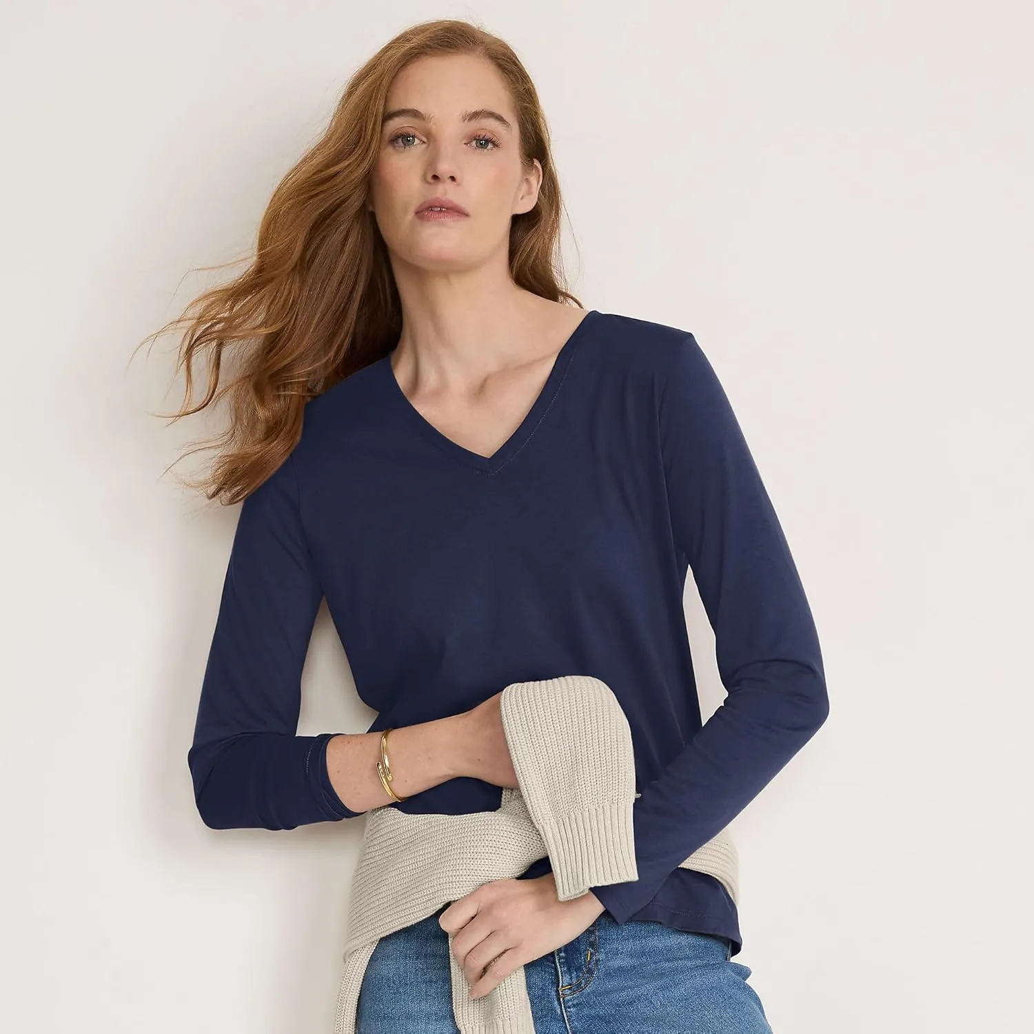 Lands' End Women's Relaxed American-Grown Supima Cotton Long Sleeve V-Neck T-Shirt