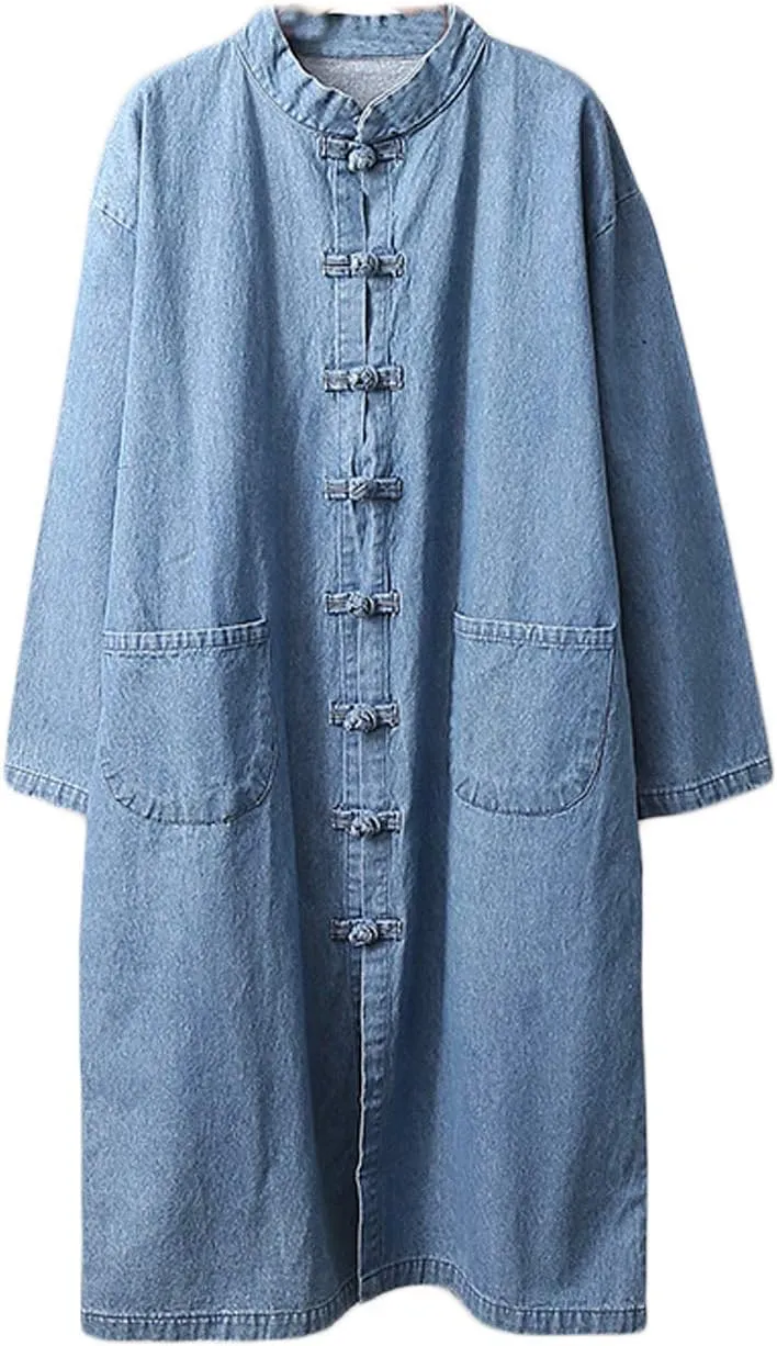 LZJN Women Long Denim Trench Coat Tang Suit Button Closure Chinese Style Jean Jacket