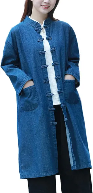 LZJN Women Long Denim Trench Coat Tang Suit Button Closure Chinese Style Jean Jacket