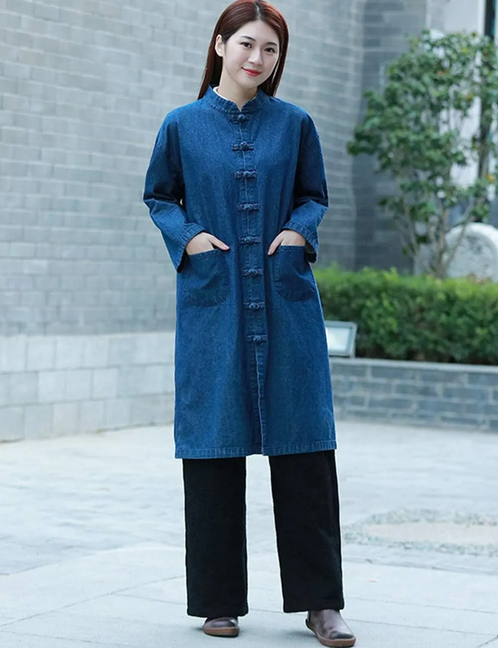 LZJN Women Long Denim Trench Coat Tang Suit Button Closure Chinese Style Jean Jacket