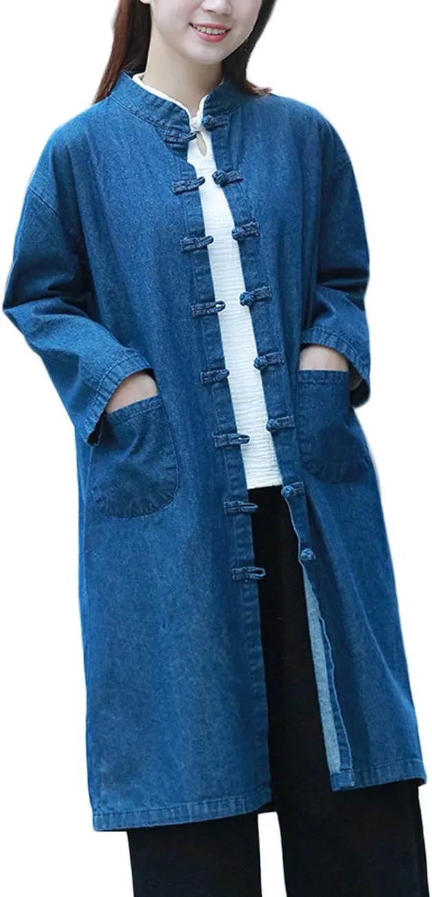 LZJN Women Long Denim Trench Coat Tang Suit Button Closure Chinese Style Jean Jacket