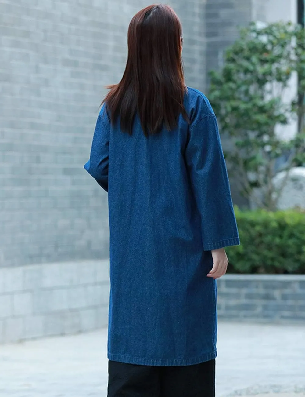 LZJN Women Long Denim Trench Coat Tang Suit Button Closure Chinese Style Jean Jacket