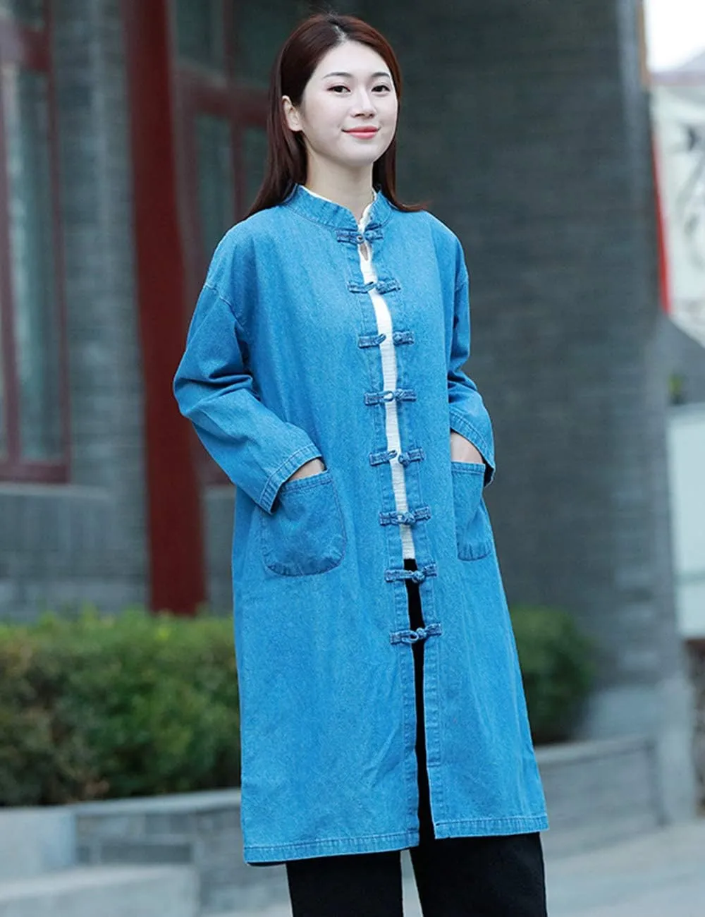 LZJN Women Long Denim Trench Coat Tang Suit Button Closure Chinese Style Jean Jacket