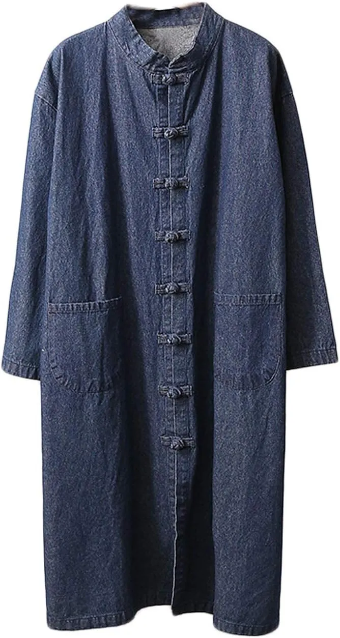LZJN Women Long Denim Trench Coat Tang Suit Button Closure Chinese Style Jean Jacket