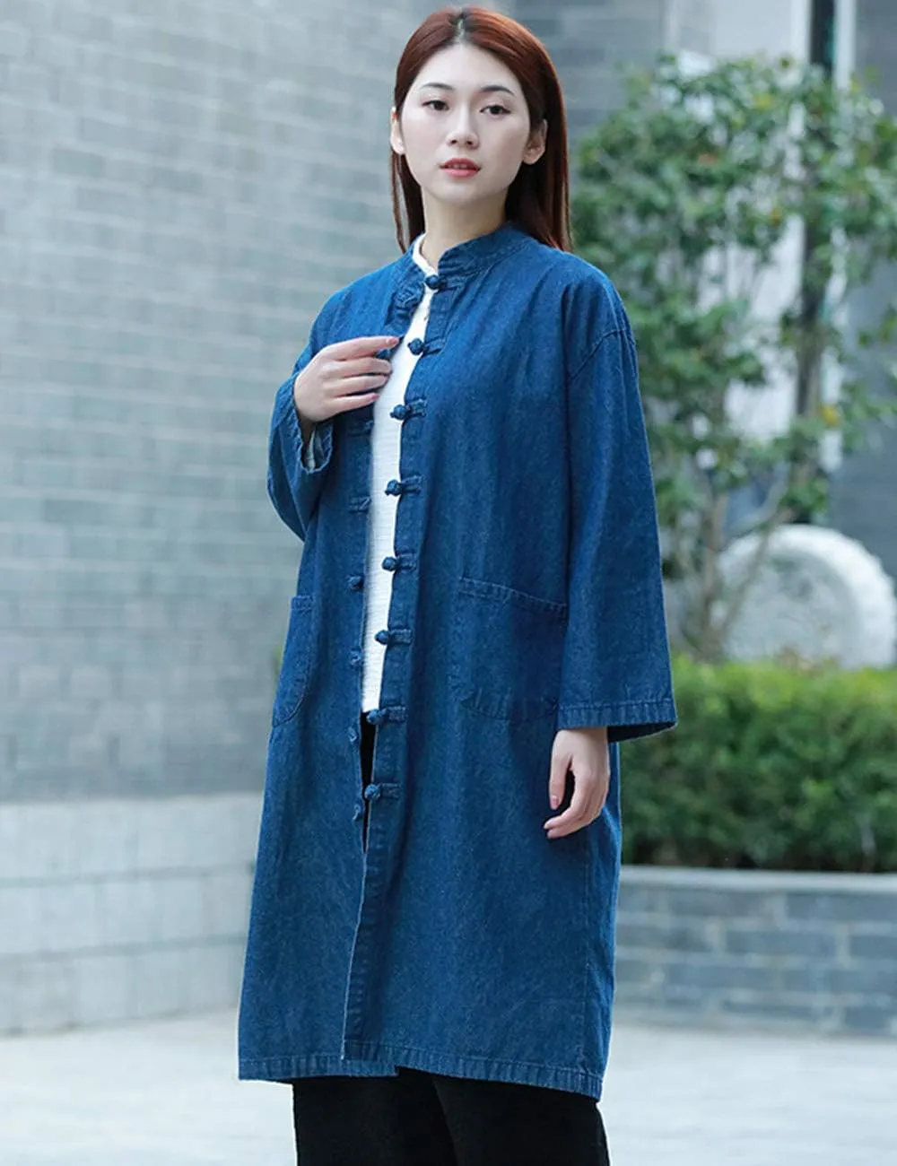 LZJN Women Long Denim Trench Coat Tang Suit Button Closure Chinese Style Jean Jacket