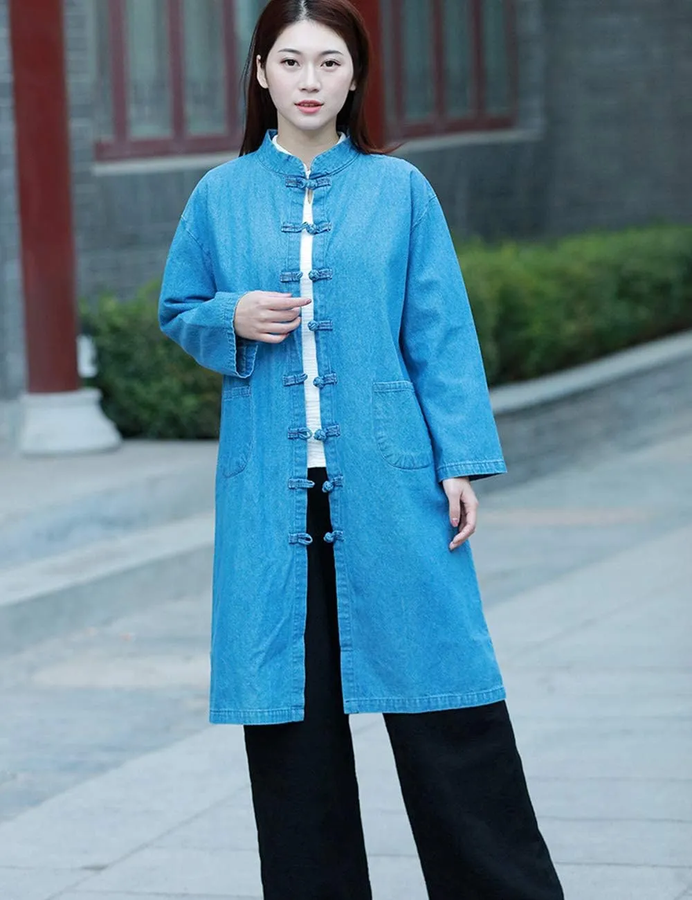 LZJN Women Long Denim Trench Coat Tang Suit Button Closure Chinese Style Jean Jacket
