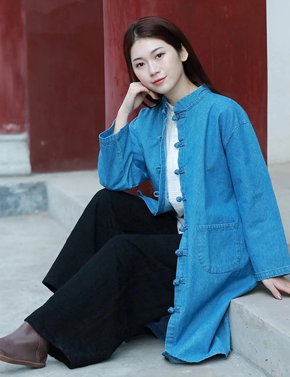 LZJN Women Long Denim Trench Coat Tang Suit Button Closure Chinese Style Jean Jacket