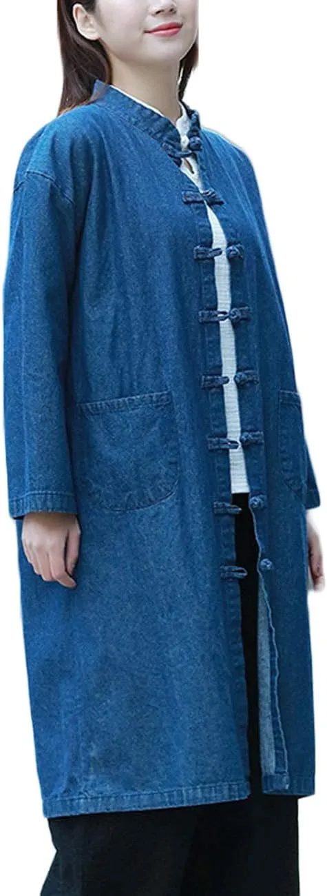 LZJN Women Long Denim Trench Coat Tang Suit Button Closure Chinese Style Jean Jacket