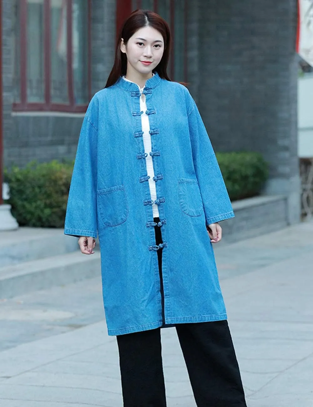 LZJN Women Long Denim Trench Coat Tang Suit Button Closure Chinese Style Jean Jacket