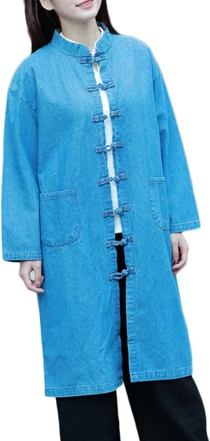 LZJN Women Long Denim Trench Coat Tang Suit Button Closure Chinese Style Jean Jacket