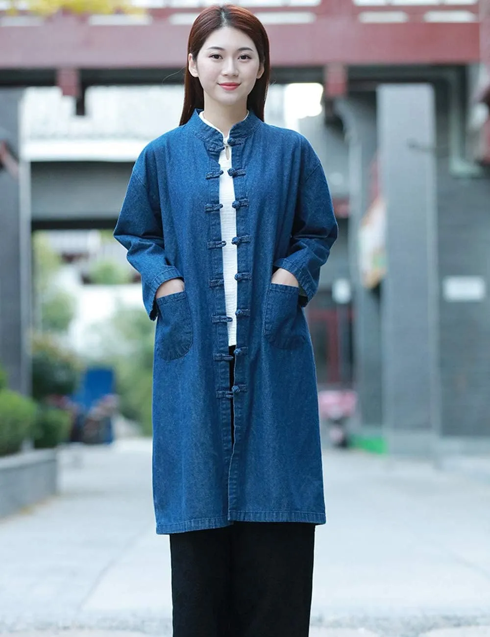 LZJN Women Long Denim Trench Coat Tang Suit Button Closure Chinese Style Jean Jacket