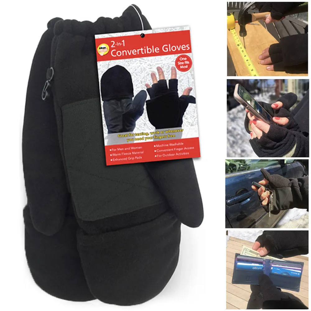Mens Womens Convertible Mittens Fingerless Gloves Winter Flip Top One Size Black