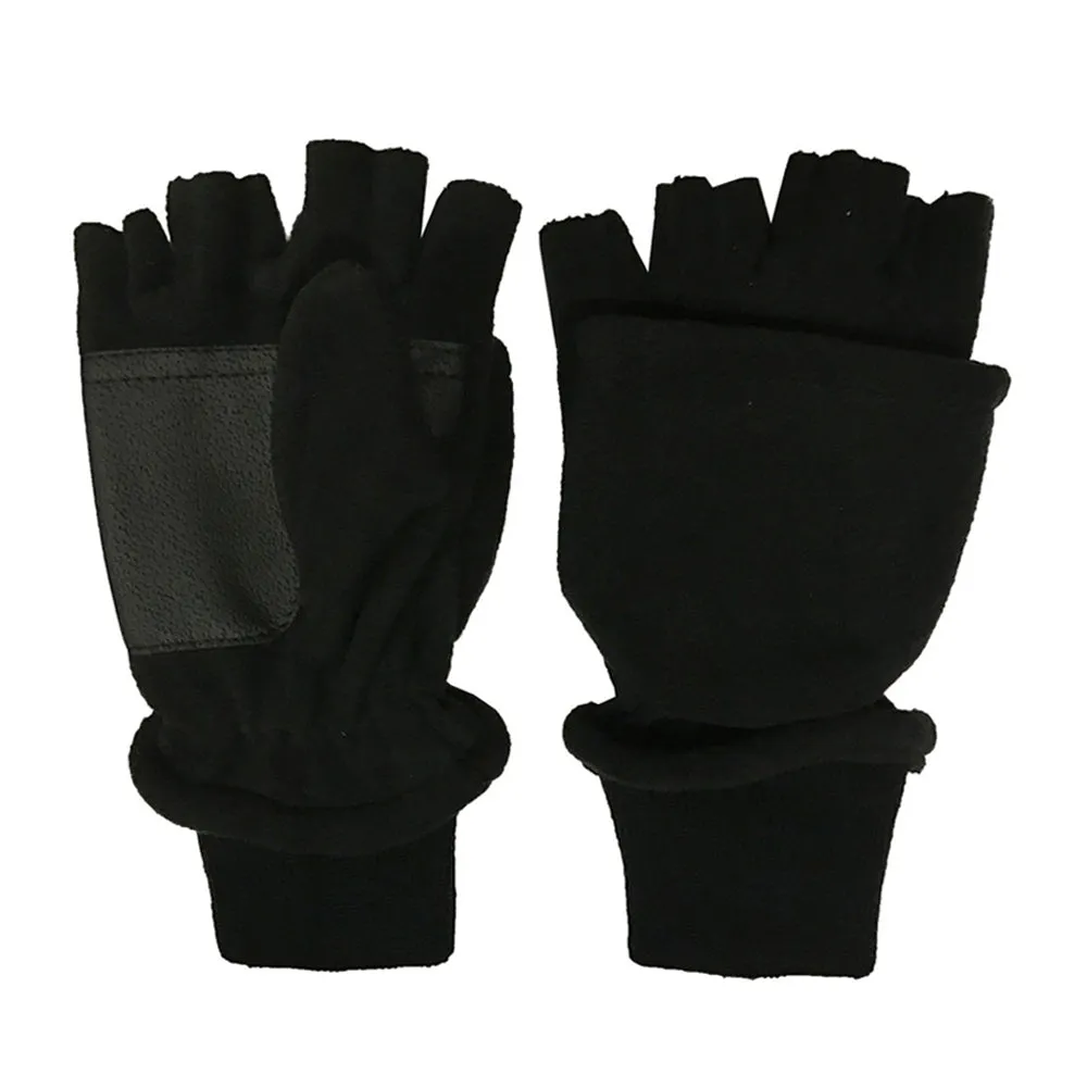 Mens Womens Convertible Mittens Fingerless Gloves Winter Flip Top One Size Black