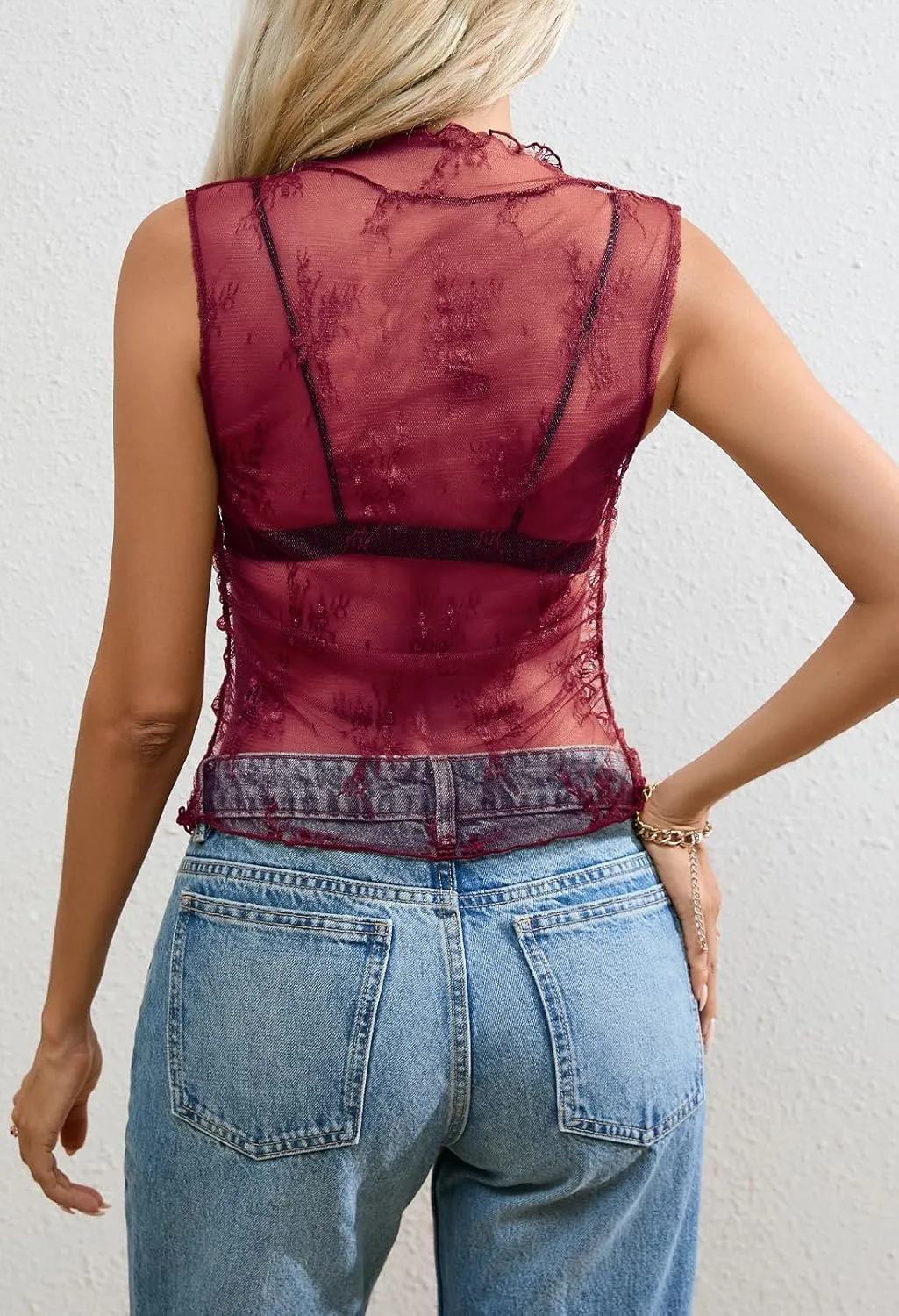 MEROKEETY Women's 2025 Sleeveless Sheer Mesh Lace Crop Tank Top See Through Summer Sexy Y2K Mock Neck Blouses Shirts